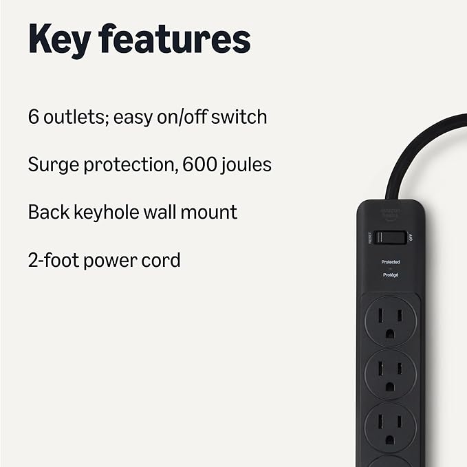 Amazon Basics Rectangle 6-Outlet, 600 Joule Surge Protector Power Strip, 2ft, Black, Small, 2-Pack