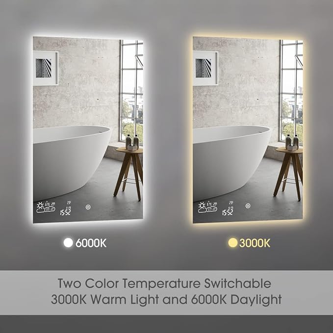 24X40 LED Bathroom Mirror with Lights, WiFi Smart Bluetooth Lighted Vanity Mirror for Bathroom with Backlit 2 Colors Dimmable Enabled Weather Display, Anti-Fog Vertically Hang Only