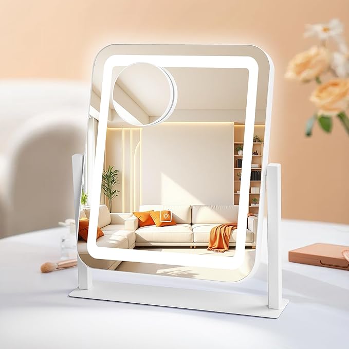 Vanity Mirror with Lights, 14.8x12.6 Inch White LED Makeup Mirror, 3-Color Dimmable LED Smart Touch Screen, 5X Magnification & 360° Rotation, Large Tabletop Makeup Mirror for Bedroom