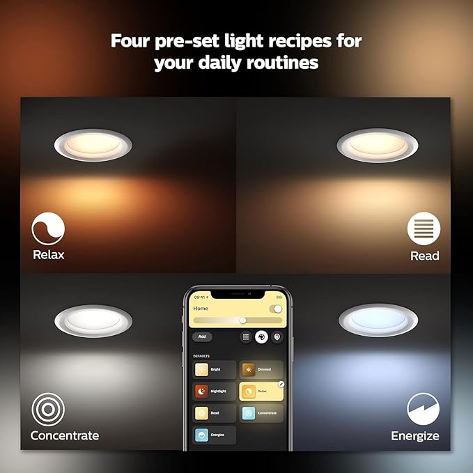 Philips Hue Smart Retrofit Recessed Lighting 4 inch, Warm-to-Cool White Recessed Lighting, 6 Pack, 850LM, Control with Hue App, Compatible with Alexa, Google Assistant, and HomeKit