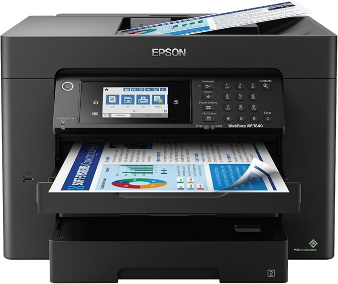 Epson Workforce Pro WF-7840 Wireless All-in-One Wide-Format Printer with Auto 2-Sided Print up to 13" x 19", Copy, Scan and Fax, 50-Page ADF, 500-sheet Paper Capacity, 4.3" Screen,Black
