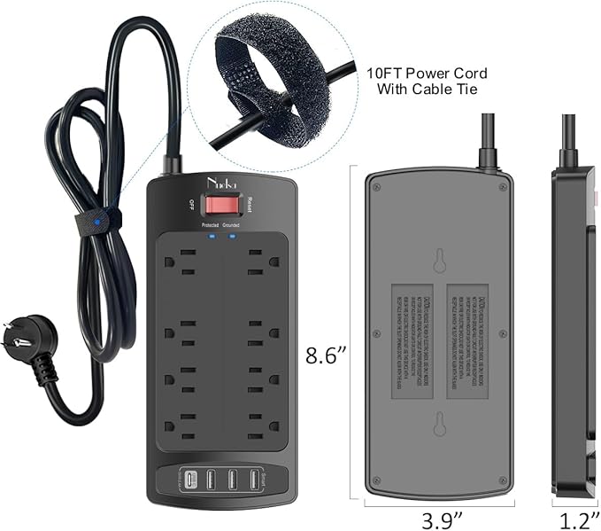 10 Feet Surge Protector Power Strip - Nuetsa Extension Cord(1625W/13A) with 8 Outlets and 4 USB Ports, Flat Plug, 2700 Joules, for Home, School, College Dorm Room, and Office, ETL Listed, Black