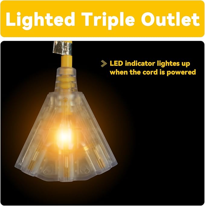 EP 40 Ft 12 Gauge Heavy Duty Extension Cord, 15A 125V 1875W, 3 Outlet Indoor/Outdoor Power Cord with Lighted End, 12/3 SJTW Weatherproof Yellow, UL Listed