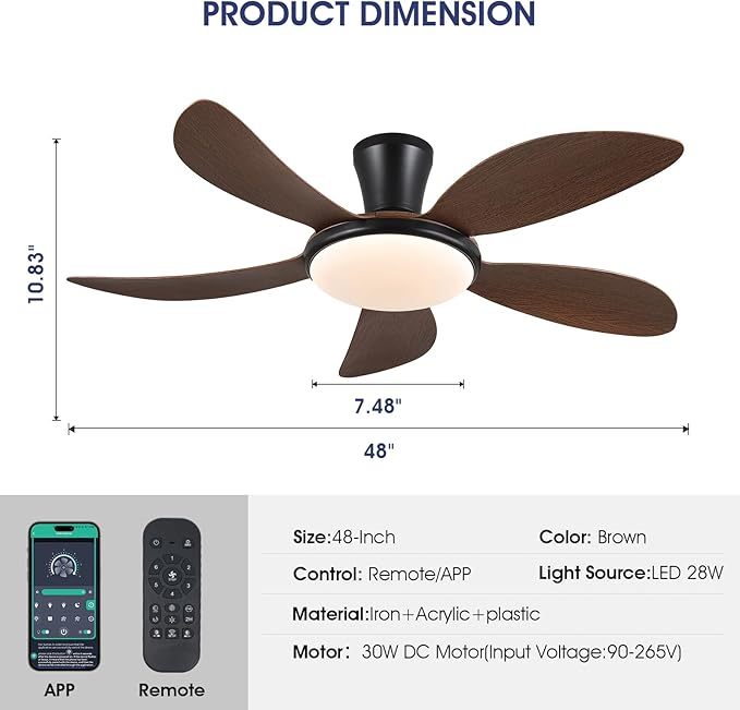 PHORUS Low Profile Ceiling Fans with Lights and Remote/APP,48 Inch Modern LED Ceiling Fans with Quiet Reversible DC Motor, Dimmable 3 Colors 6 Speeds