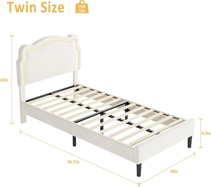GarveeHome Twin Upholstered Smart LED Bed Frame with Headboard, Velvet Princess Platform Bed Frame for Kids, Wooden Slats Support, No Box Spring Needed (Beige)