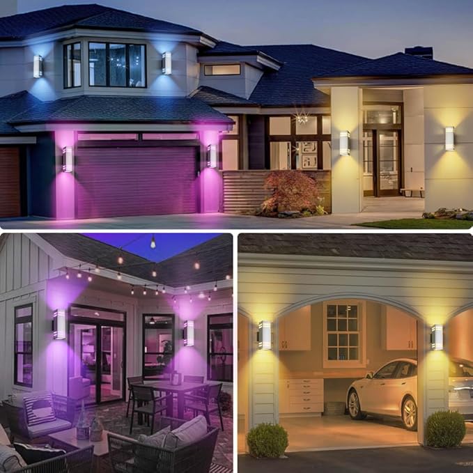 SHIMR Smart Outdoor Wall Lights 2 Pack, RGB Color Changing WiFi & Bluetooth Sconce, Stainless Steel, Dusk to Dawn Sensor, Waterproof Exterior Lighting Fixture with E26 Base, Work with Alexa & Google