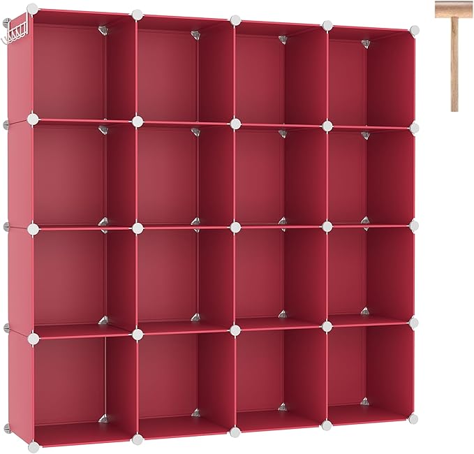 C&AHOME Cube Storage Organizer, 16-Cube Shelves Units, Plastic Storage Cubes, DIY Closet Organizer, Modular Closet Storage Shelves Ideal for Home, Bedroom, 48.4" L × 12.4" W × 48.4" H Red UPCS16R