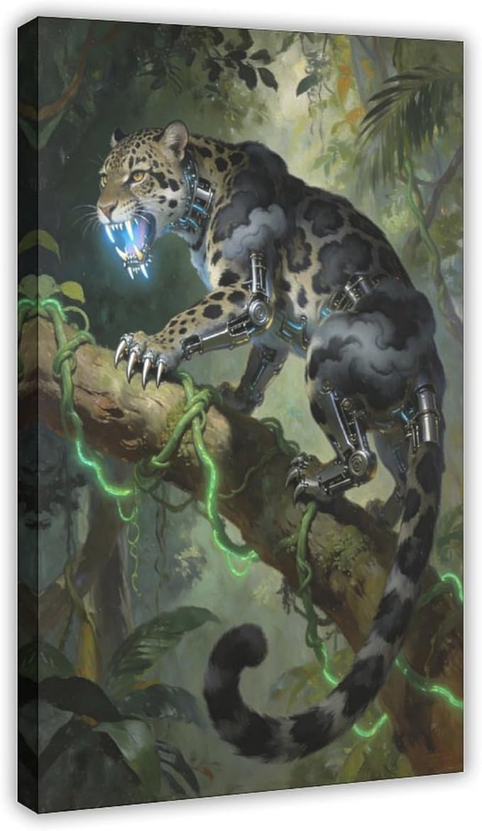 Framed Steampunk Mechanical Leopard Wall Art - Jungle Futuristic Beast Poster for Man Cave Living Room Decor 08x12inch(20x30cm)
