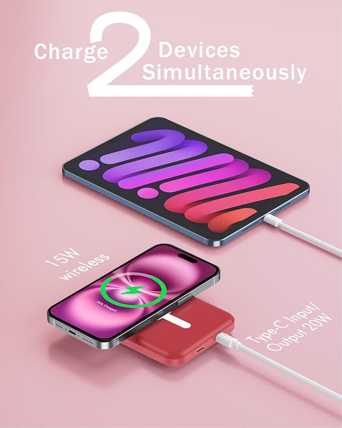 podoru for Magsafe Battery Pack, 5000mAh Magnetic Power Bank with Type-C Cable 20W PD Fast Charging Lighting Input Wireless Portable Charger for iPhone 17/16/15/14/13/12/ All Series-Red