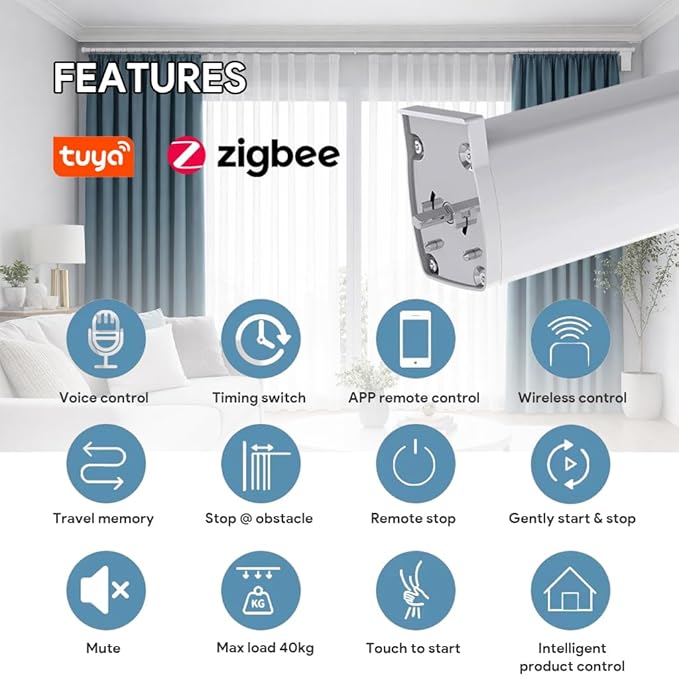 ZigBee 3.0 Smart Curtain Motor with Ripple Fold Track, Mini Silent Electric Drapery System, 1.2N.m App Voice Control Compatible with Alexa & Google Home (6 meters (236.2 inches))