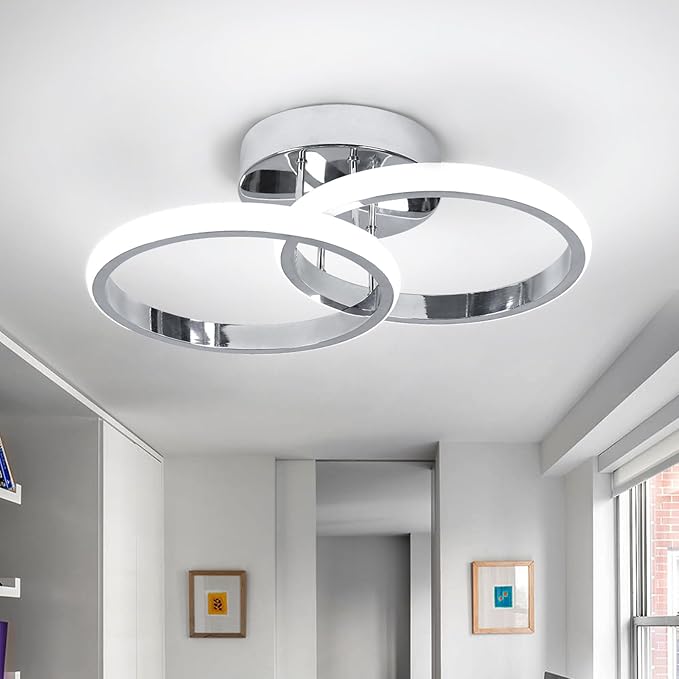 CANEOE Round Modern Led Ceiling Light Fixtures, 6000K Cool White Hallway Light Fixtures Ceiling, Bathroom Close to Ceiling Lights for Corridor Stair Aisle Lamps (Chrome, 1 Pack)