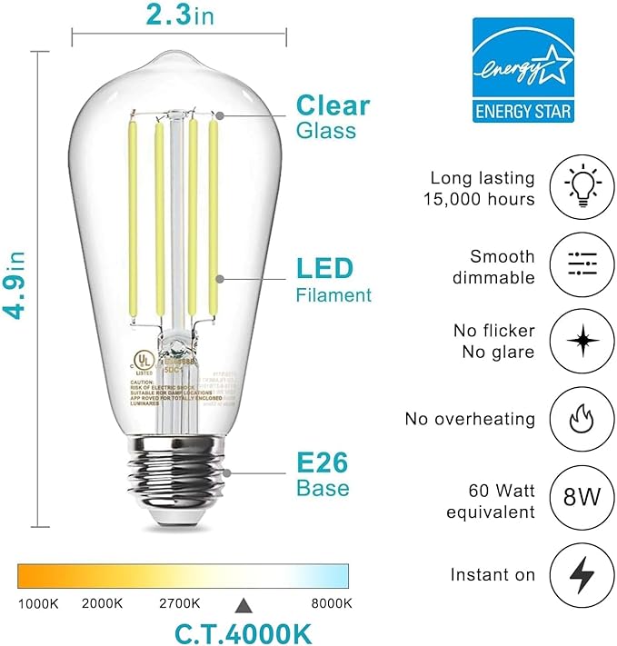 TJOY 6 Pack E26 Base Vintage LED Edison Light Bulbs, 60W Equivalent Dimmable, 4000K Natural White, 8W ST58 LED Filament Bulbs, 800Lumens, CRI80+, Antique Glass Style for Home, Bedroom, Farmhouse