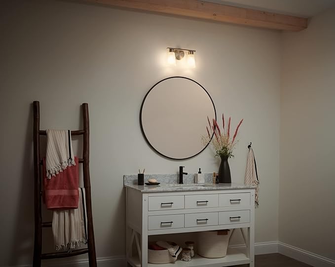 Kichler Stamos 2-Light Bathroom Vanity Light Fixture with Satin Etched Glass Shades, Modern Wall Mount in Brushed Nickel for Mirror Lighting (13 x 8 x 5 in), 45887NI