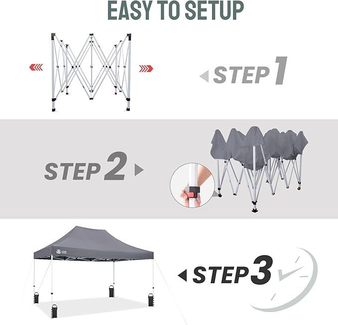 CROWN SHADES 10x15 Pop Up Canopy Tent, Thicken Frame Commercial Heavy Duty Tent, 8 Stakes & 4 Sandbags & 4 Ropes, Outdoor Canopies for Events, Parties,Grey