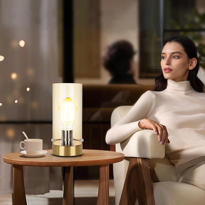 Table Lamp for Bedroom Living Room, Bedside Modern Nightstand Lamp with Glass Lamp Shape, 2700K 6W Glass Bulb Included(Gold).