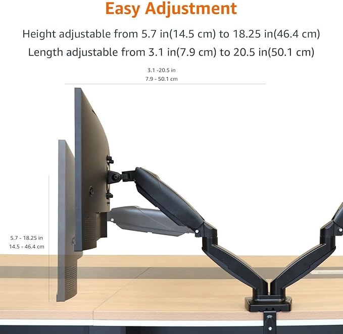 Amazon Basics Gas Spring Dual Computer Monitor Arm Mount, Adjustable, Holds up to 27" Monitors, Black