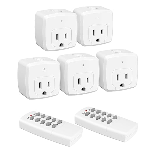 HBN Remote Control Outlet with 100FT RF Signal, Wireless On Off Switch Plug for Household Appliances, Battery Included, 15A/1875W(5 Outlets + 2 Remotes)