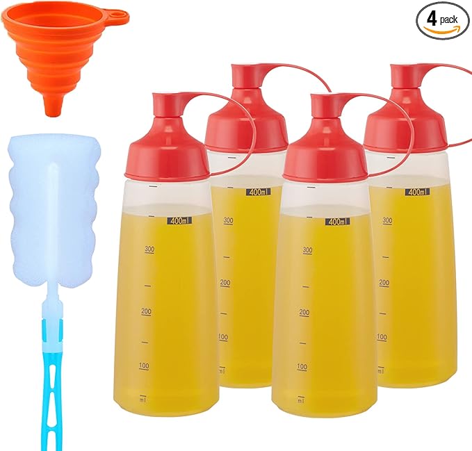 Condiment Squeeze Bottles for Sauces Pancake Batter Plastic - Wide Mouth Kitchen Ketchup Mustard Squirt Bottle Empty Dispenser for Icing Oil Salad Food Liquid for Griddle BBQ(4 PCS, 13 oz.)