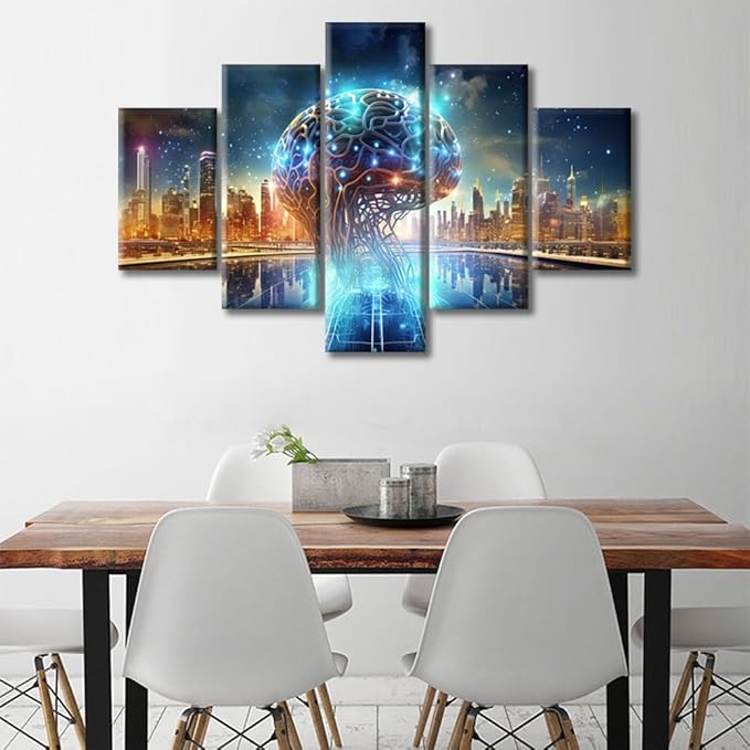 5 Pieces Canvas Prints Smart Brains for Future Cities Wall Art Human Brain Energy Modern Home Decor Poster Living Room Bedroom Decoration Brain Artwork Painting Framed Ready to Hang, (60"Wx40"H)