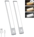 Motion Sensor Under Cabinet Lighting-Magnetic Rechargeable Closet Lights for Kitchen,Stairs,Wardrobe | 3-Color Dimmable LED Under Counter Lighting | Cord-Free Light Bars (12inch-2Pack)