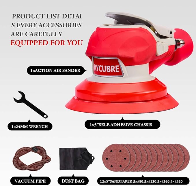 5 Inch Air Sander with vacuum – 13000RPM Pneumatic da Sander for auto body, Palm Random Orbital Sanders for Woodworking, Auto Polishing, Metal, and Furniture Sanding – Lijadora Orbital