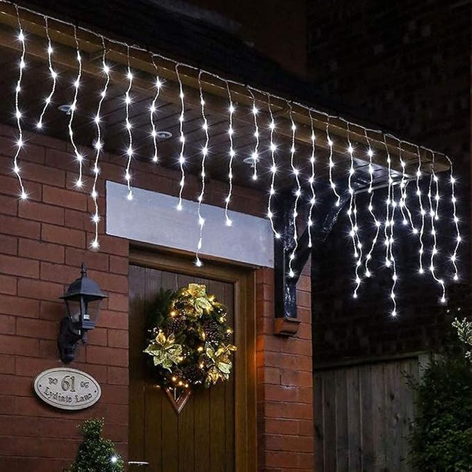LED Icicle Lights, 300 LEDs, 33ft, 8 Modes, Curtain Fairy Light with 60 Drops, Clear Wire LED String for Christmas/Thanksgiving/Easter/Halloween/Party Backdrops Decorations (Cool White)