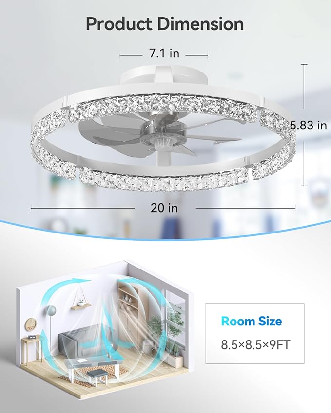 addlon Ceiling Fans with Lights and Remote, 20'' Low Profile Ceiling Fans, 3000-6000K Dimmable Modern Flush Mount LED Fan Light, Fandelier Ceiling Fan for Bedroom, Kitchen, Living Room, White