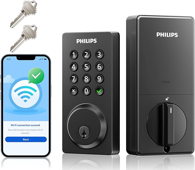 Philips Smart Lock, Smart Door Lock Built-in WiFi, App Remote Control, Keyless Entry Door Lock for Front Door, Deadbolt Lock Auto Lock, Support Alexa & Google, IP54 Waterproof, Black
