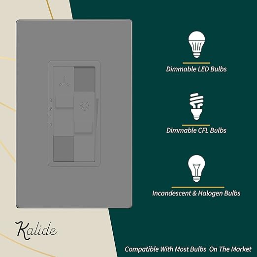 TOPGREENER Kalide Combo Dimmer Switch with 3-Speed Fan Control, Light and Fan Combination Switch, Single Pole, 2.5A, 200W LED/CFL, Neutral Wire Not Required, TGDSFS3-GY, Gray