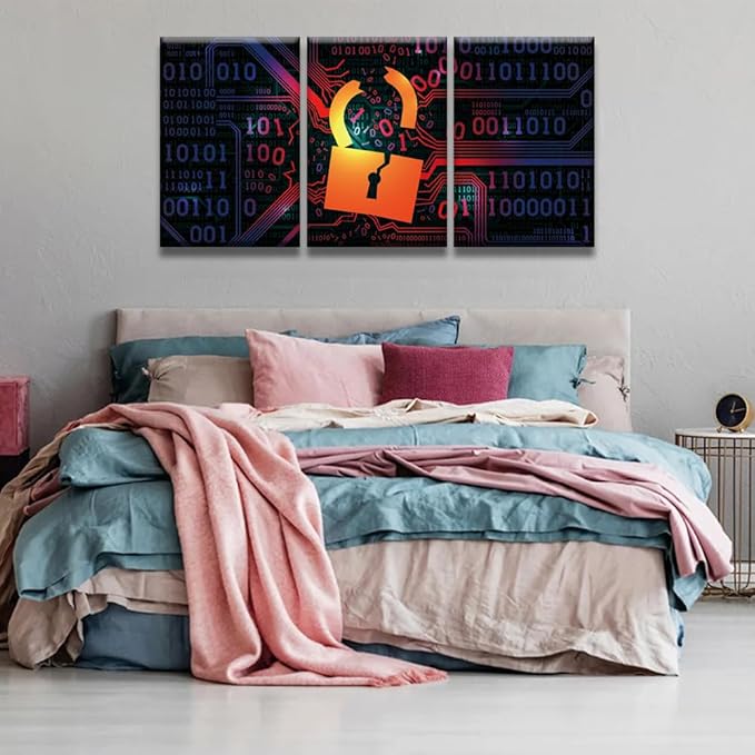 LSIUHWUWI 3 Panel Canvas Wall Art Hacking Firewall Hacked with Binary Code Posters and Prints for Living Room Wall Decoration, AI Artwork Giclee Wooden Framed Ready to Hang, 16x24inchx3