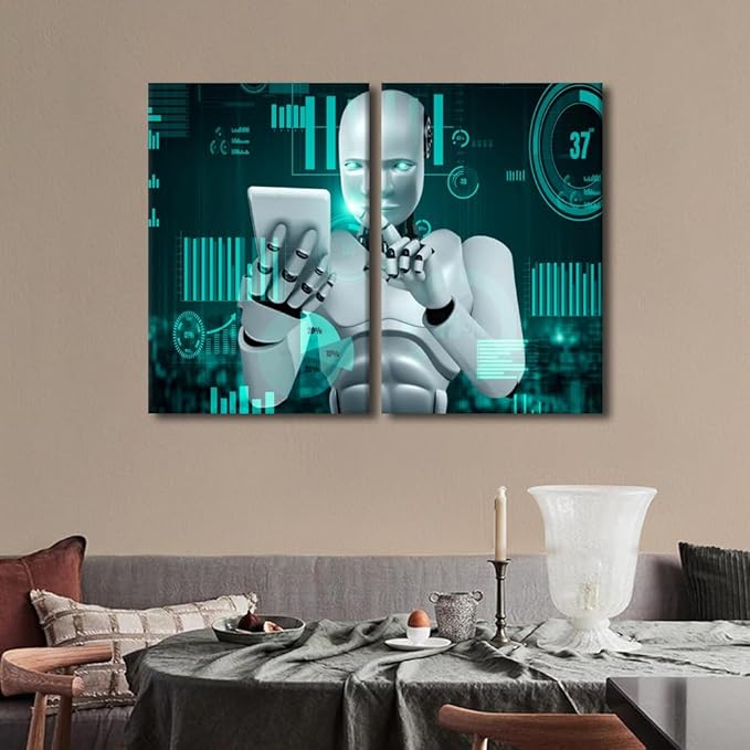 3 Pieces AI Intelligence Wall Art for Living Room Robot Paintings on Canvas Pictures Giclee Artwork Modern Home Decor Framed Stretched Ready to Hang Sports Posters, 24" Wx16 H
