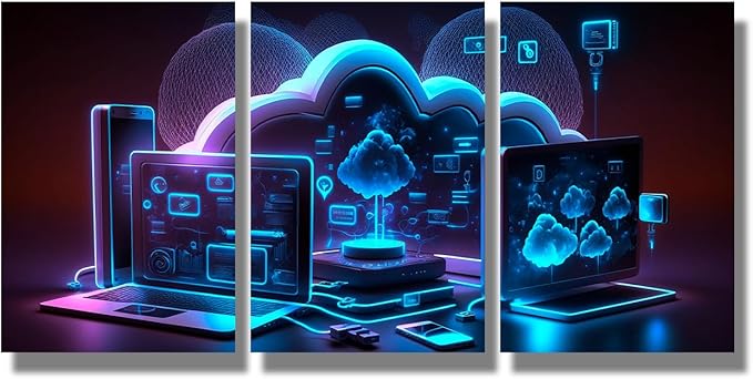 Canvas Art Wall Decor for Bedroom Cloud Storage Communication with Computer Art Prints Canvas Art Wall Painting Artwork for Walls Canvas Wall Decor Bedroom Wall Decor Framed Ready to Hang 12x16inchx3