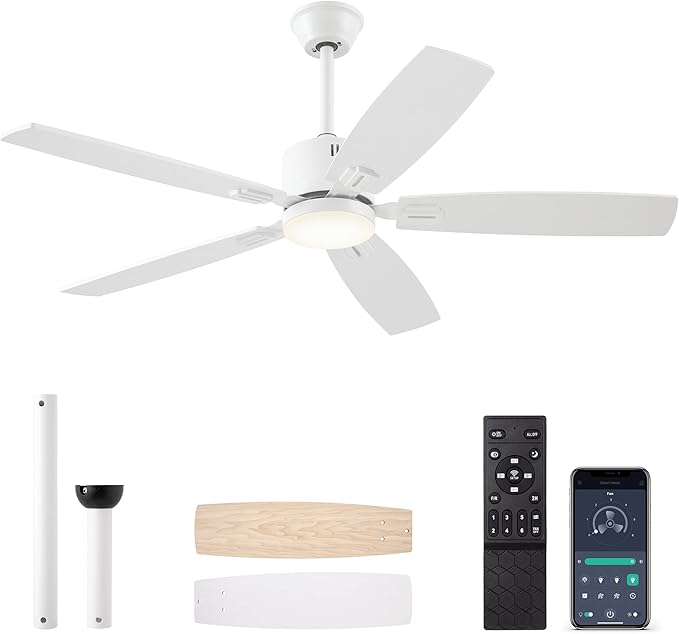 SUNMORY 52" Ceiling Fans with Lights, Smart Ceiling Fan with APP and Remote Control, Reversible DC Motor, Noiseless, Stepless Dimmable, Modern Ceiling Fan for Indoor/Outdoor Use, White
