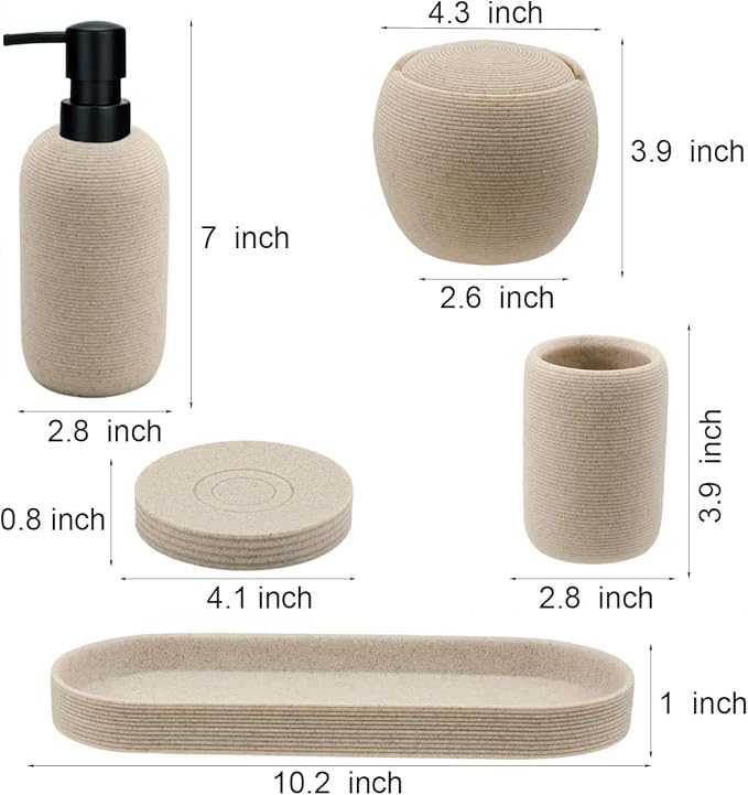 Beige Resin Bathroom Accessory Set, 5 Pcs Bathroom Accessories Set with Lotion Dispenser,Soap Dish,Toothbrush Holder,Vanity Tray,Qtip Holder Dispenser, Modern Bathroom Decor and Housewarming Gift Set