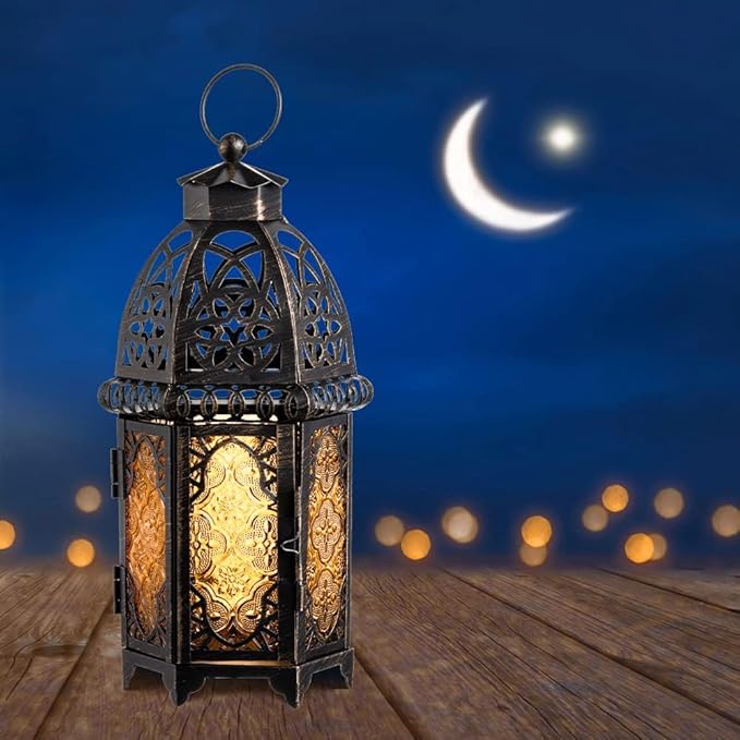 NEEDOMO 12.8'' Moroccan Lanterns Decorative Indoor & Outdoor, Vintage Christmas Candle Holder, Metal Lanterns Decorative, Table, Patio, Porch, Shelf, Christmas Spring Halloween Home Decor (Amber)