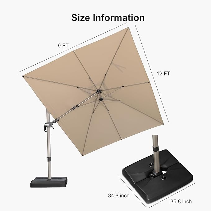 PURPLE LEAF 9' X 12' Left-right Tilting Patio Umbrella with Base Outdoor Swivel Cantilever Offset Aluminum Umbrella with Champagne Frame and 360-degree Rotation for Garden Deck Pool, Beige