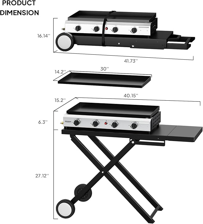 ROVSUN 40000 BTU Foldable Flat Top Gas Grill with Wheels & Enameled Tray, 4 Burner Portable Propane Griddle with Electronic Ignition & Regulator for Outdoor Cooking Camping BBQ Tailgating Picnicking