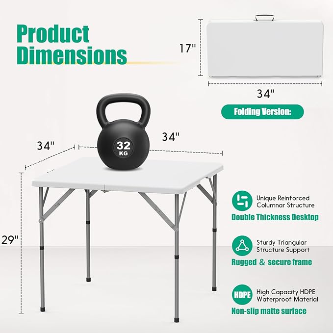 HLPB 34'' Square Folding Card Table, Fold-in-Half Portable Dining Table with Handle and Safety Lock, Foldable Plastic Dining Table Indoor Outdoor for Camping, Picnic and Party Event, White