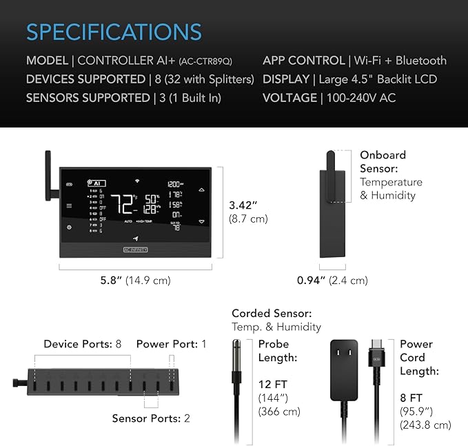 AC Infinity Controller AI+ Environmental Controller, Dynamic AI Controls Grow Devices, Insights Alerts Data Analysis w/ WiFi App, Programmable Dual-Zone VPD Temperature Humidity Automations
