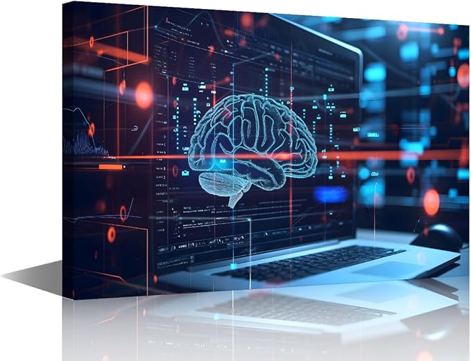 TUMOVO Artificial Intelligence Concept with Human Brain Wall Art for Bedroom Large Living Room Wall Decor Digital Brain on Modern Computer Background Poster Framed Ready to Hang 24" Wx36 Hx1 Panel