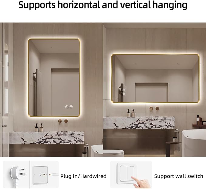 24" x 36" Gold LED Bathroom Mirror with Lights, Lighted Vanity Mirror with Anti-Fog, 3-Color Stepless Dimmable, Memory, Shatterproof, UL-Listed, Wall Backlit Mirror (Horizontal/Vertical)