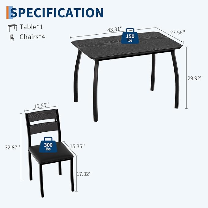 GAOMON 5 Piece Dining Table Set for 4, Space-Saving Kitchen Table with Upholstered Chairs, Modern Angled Corner Design, Compact Dinner Set for Small Spaces, Apartment, Dining Room, Black