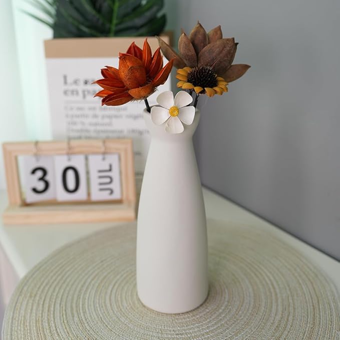 Distressed Ceramic Vase Set of 3, Modern Bohemian Farmhouse Home Decor, Pampas Grass Dried Flowers Vases for Living Room, Dining Room, Bedroom, Kitchen, Bathroom, Office, Entryway (White)