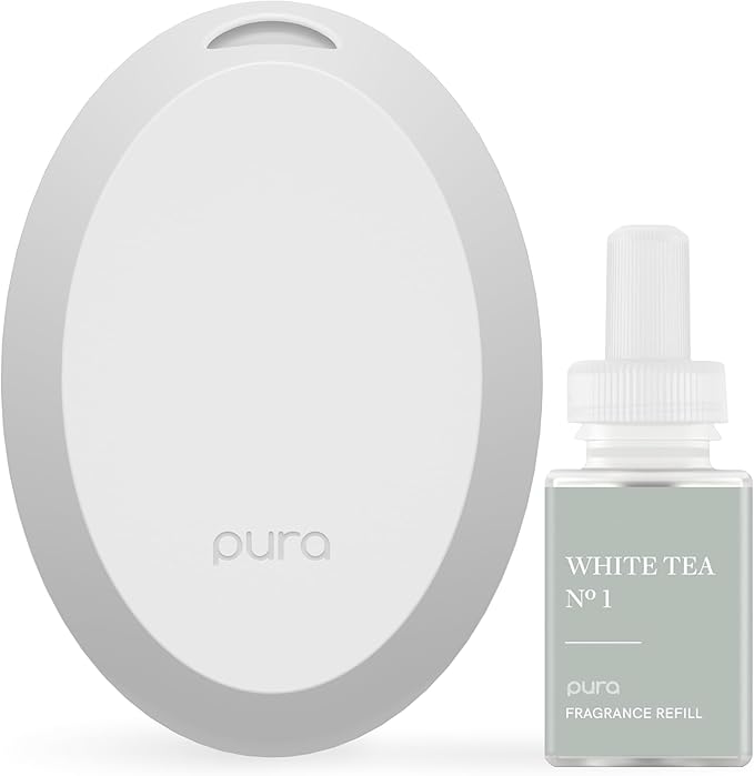Pura Mini Smart Fragrance Diffuser for Small Spaces Adjustable Smart Home Device with LED Light & Automatic Vial Detection - Includes 1 Scent Refill; White Tea no.1