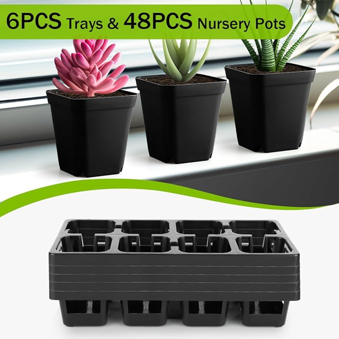 8 Cell Nursery Pots Trays 6 Pack (12" x 6"), 3 inch Square Plastic Nursery Pots 48 Pcs, Durable Carrying Seed Starter Tray, Planting Trays for Holding Small Seedling Pots with Drain Holes (Black)