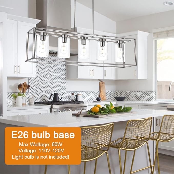 VINLUZ Contemporary Chandeliers Brushed Nickel 5 Light Modern Dining Room Lighting Fixtures Hanging, Kitchen Island Linear Pendant Lights Farmhouse Flush Mount Ceiling Light with Glass Shade