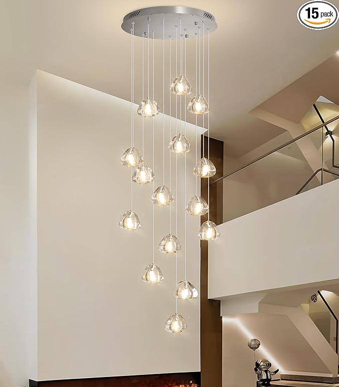 LED Glam Chandelier 118 inches Long Light Luxury Crystal Ceiling Chandeliers Remote Dimmable High Ceiling Pendants Lighting Fixtures Brushed Nickel 15 Lights