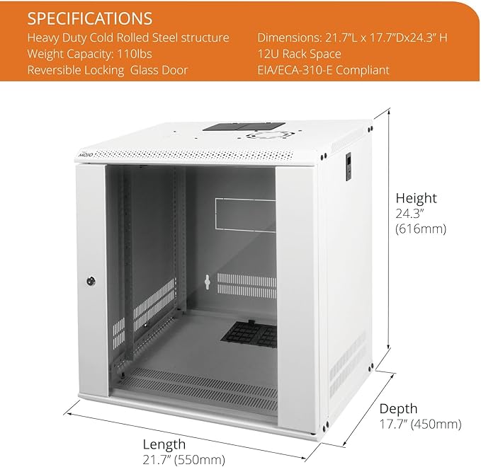 Tecmojo 12U Wall Mount Rack Network Cabinet for 19" IT Equipment,with Lockable Glass Door and Side Panels,Cooling Fan,17.7inch Depth,White