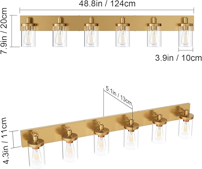 Aipsun Gold Bathroom Vanity Light Farmhouse Vanity Lighting Fixtures 6 Light 48in Bathroom Light Fixtures with Clear Glass Shade(Exclude Bulb)