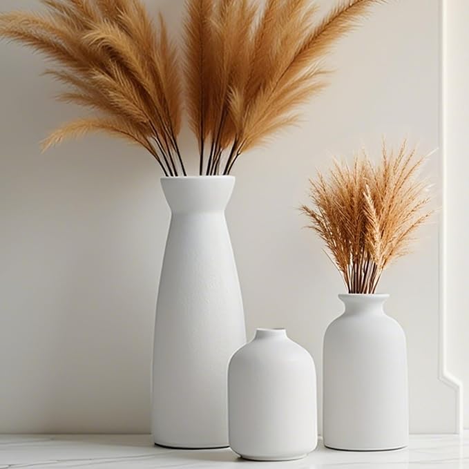 Distressed Ceramic Vase Set of 3, Modern Bohemian Farmhouse Home Decor, Pampas Grass Dried Flowers Vases for Living Room, Dining Room, Bedroom, Kitchen, Bathroom, Office, Entryway (White)